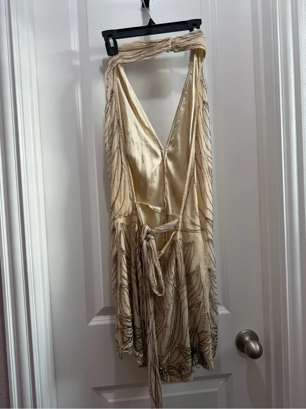 Free People Bella‎ Beaded Halter Romper Size 6 Cream Open Back Sequin Floral